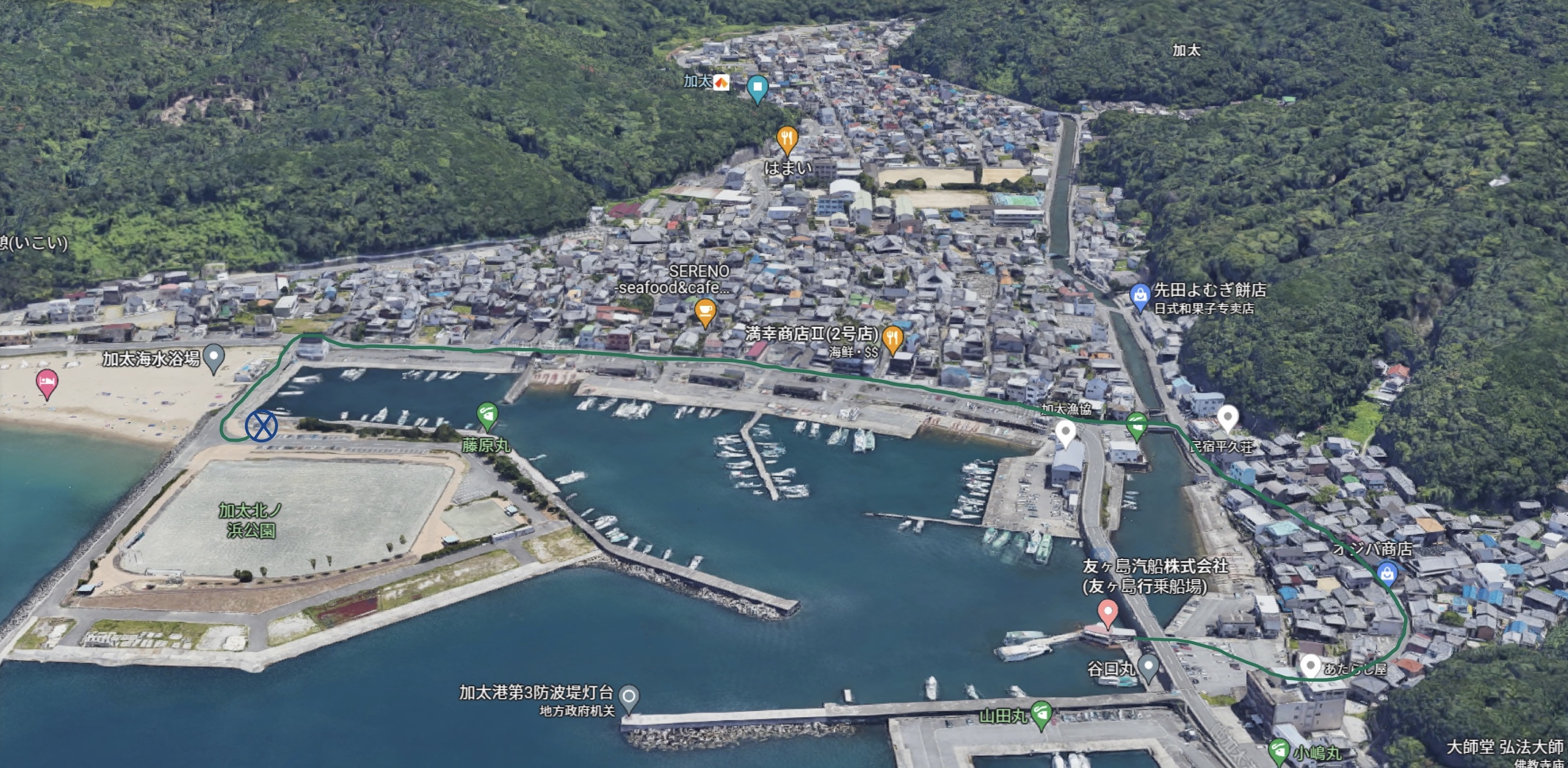 示意图(篮圈为我们走错的码头,粉色坐标为正确的码头)